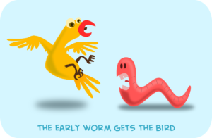 cartoon yellow early bird being attacked by a worm