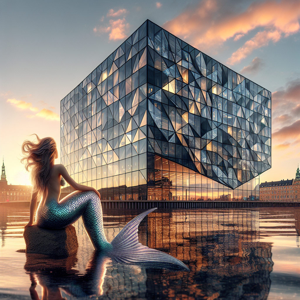 A mermaid looks up at an artistic vision of the Black Diamond building in Copenhagen, Denmark. 