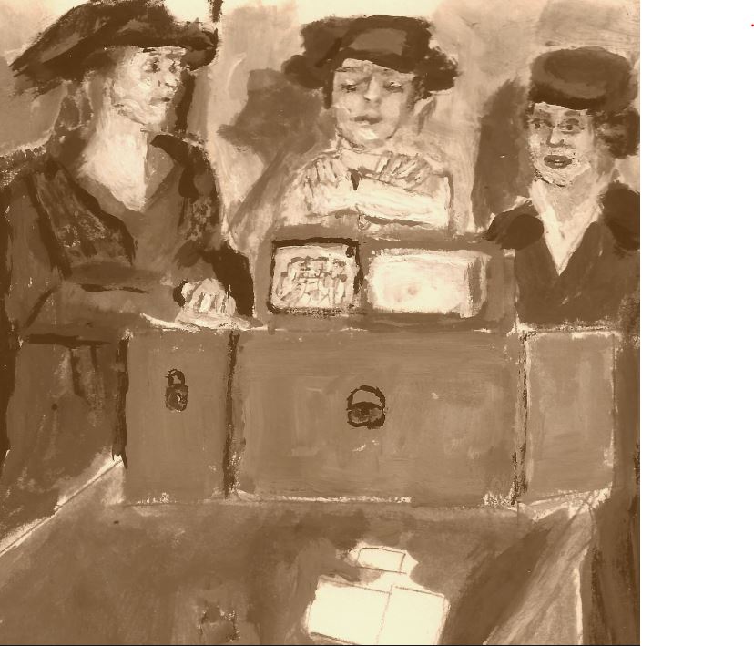 Three women in vintage fashion prepare to vote in a ballot.